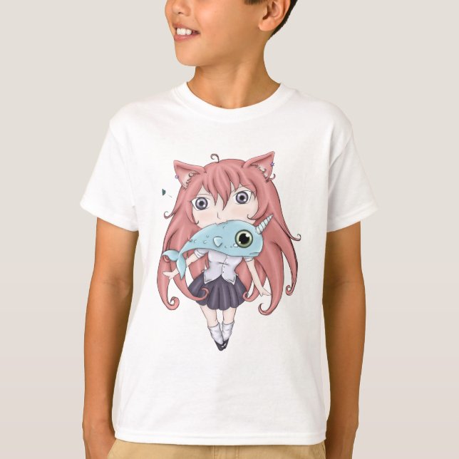 T-shirt Fille de chat de Chibi avec le narval de bébé (Devant)