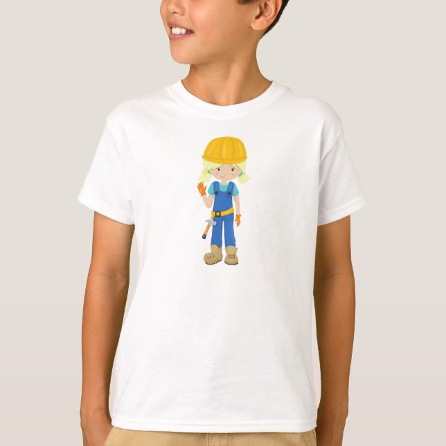 T-shirt Fille de construction, Cheveux blonde, Fille migno (Devant)