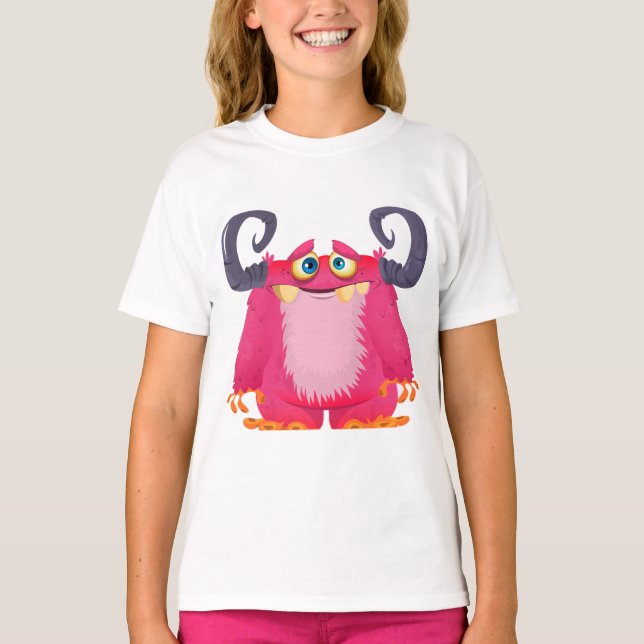 T-shirt fille de monstre rose caricature (Devant)