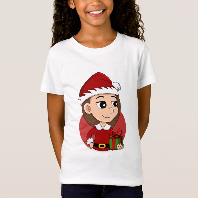 T-Shirt Fille de Noël avec cheveux longs bruns (Devant)