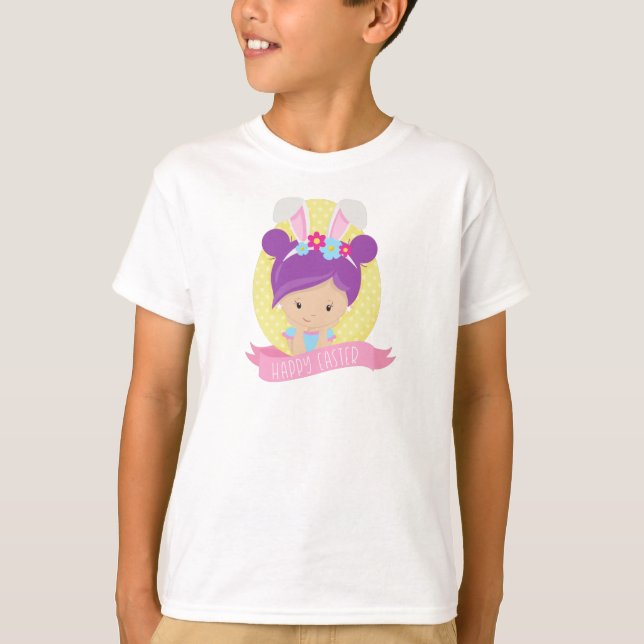 T-shirt Fille de Pâques, Oeuf de Pâques, Cheveux pourpres, (Devant)