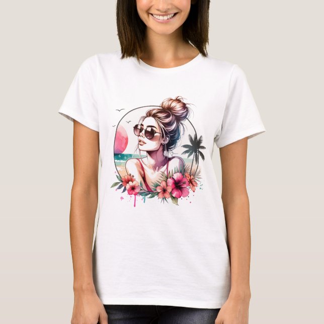 T-shirt Fille de plage tropicale à l'aquarelle (Devant)
