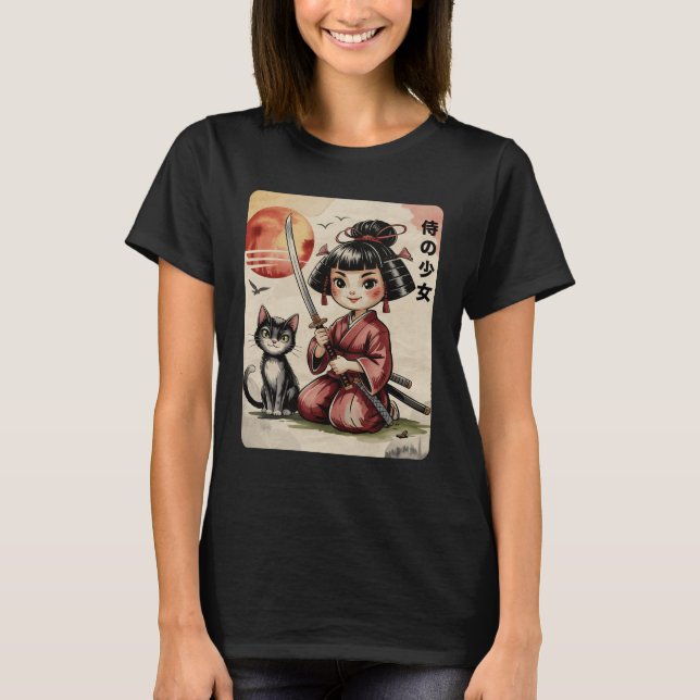 T-shirt Fille de Samouraï Chibi Kawaii avec Chat Katana Ja (Devant)