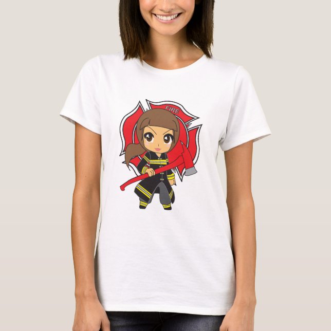 T-shirt Fille de sapeur-pompier de brune de Kawaii - (Devant)