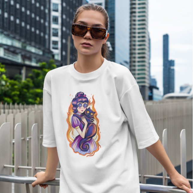T-shirt Fille déplaisante Et Chat En Feu (Créateur téléchargé)
