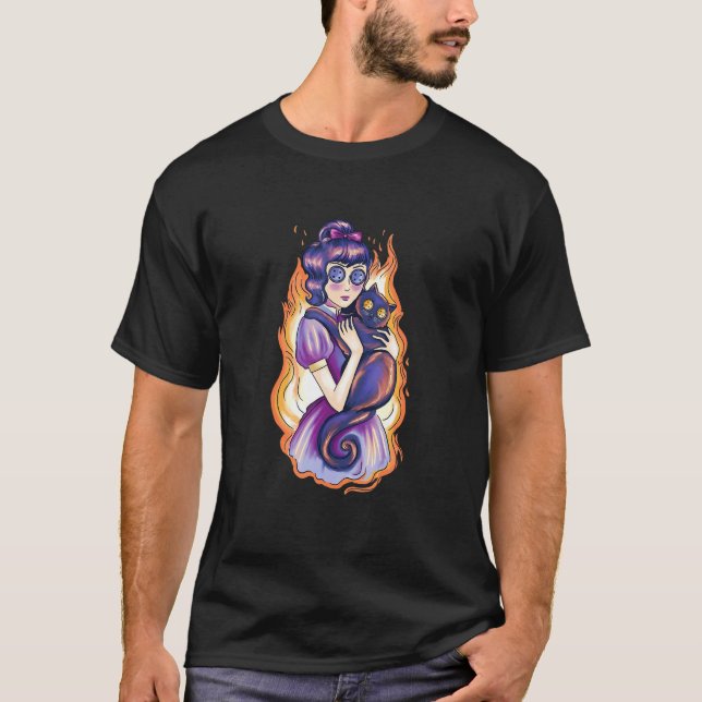 T-shirt Fille effrayante avec chat (Devant)