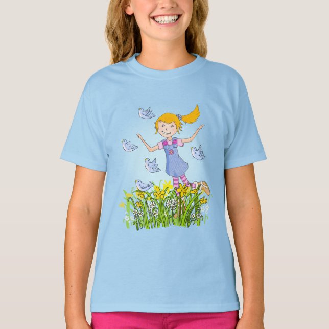 T-shirt Fille en jonquilles pourchassant les oiseaux t-shi (Devant)