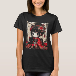 T-shirt Fille en kimono Chibi Chat noir Fleurs Art japonai