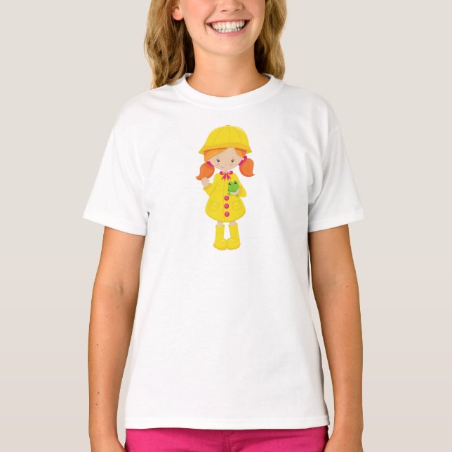 T-shirt Fille En Manteau De Pluie, Bottes, Cheveux Orange, (Devant)