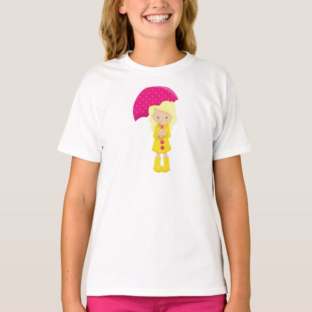 T-shirt Fille En Manteau De Pluie, Fille Avec Parapluie, C (Devant)