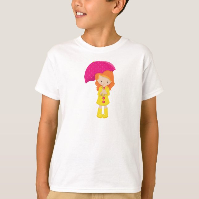 T-shirt Fille En Manteau De Pluie, Fille Avec Parapluie, C (Devant)
