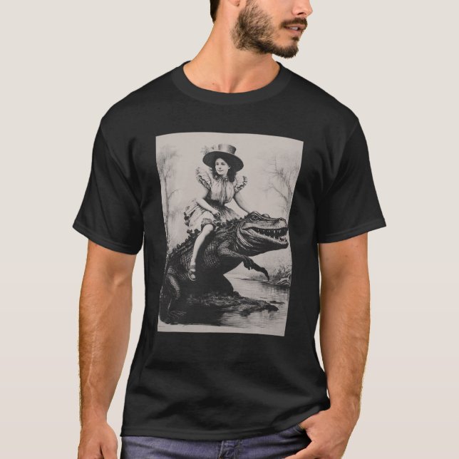 T-shirt Fille équitation Alligator bizarre drôle Crocodile (Devant)
