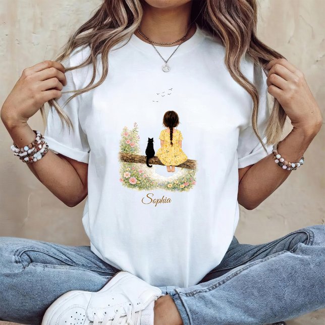 T-shirt Fille et chat noir sur une branche (Créateur téléchargé)