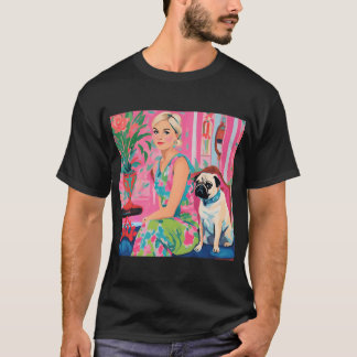 T-shirt Fille et pug fauve dans un intérieur preppy