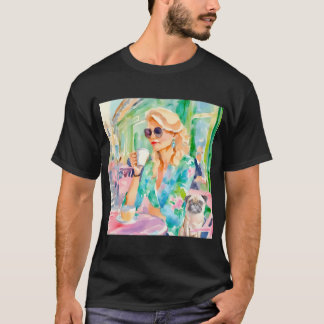 T-shirt Fille et son pug dans un café parisien, aquarelle