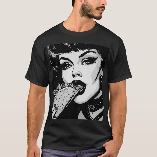 T-shirt Fille gothique de style graphique BW 50s mangeant  (Devant)
