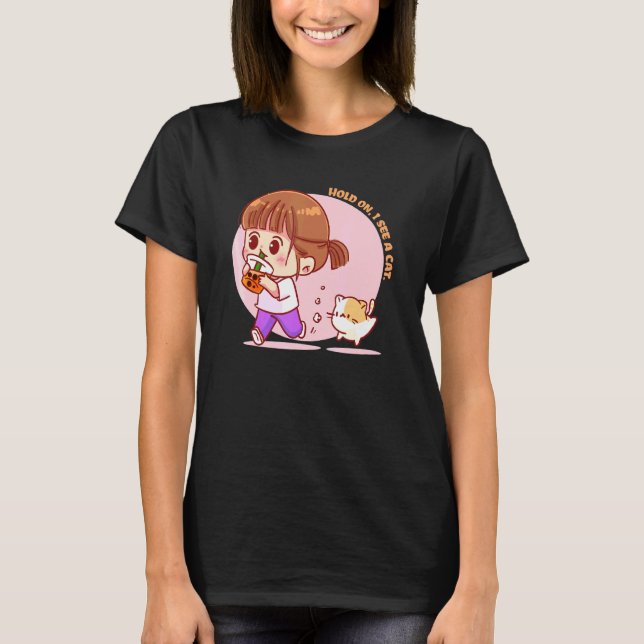 T-shirt Fille heureuse buvant du Bubble Tea et dit Attends (Devant)
