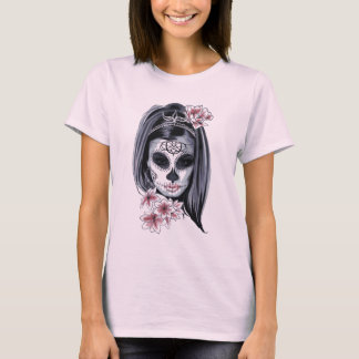 T-shirt Fille Hippie Crâne de Sucre Rose et Noir
