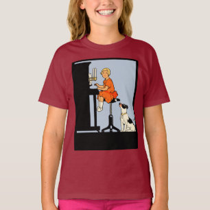 T-shirt Fille jouant du piano, chien, style rétro