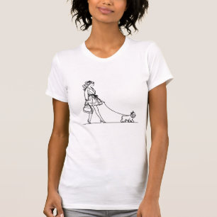 T-shirt Fille marchant un chien, dessin à une ligne, coque