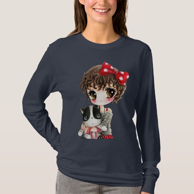 T-shirt Fille mignonne avec le chat noir de kawaii (Devant)
