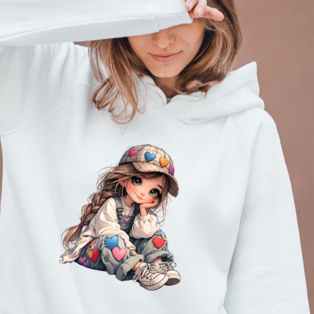 T-shirt Fille mignonne en tenue avec patchwork cardiaque A (Cute Girl in Heart Patch Outfit Kawaii Art T-Shirt)