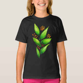 T-shirt Fille orange de baies de plante verte d'aquarelle