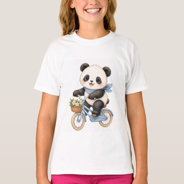 T-shirt Fille Ours Panda Mignon à Vélo Bleu (Devant)