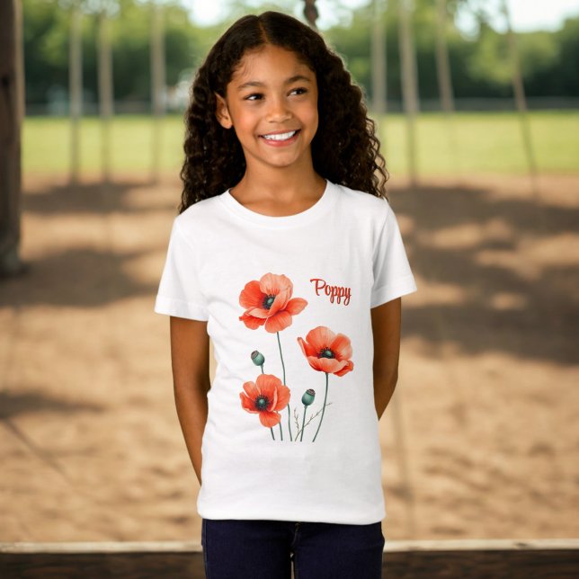 T-Shirt Fille Personnalisé Fleurs de Pavot (A pretty poppy shirt with space for your name)