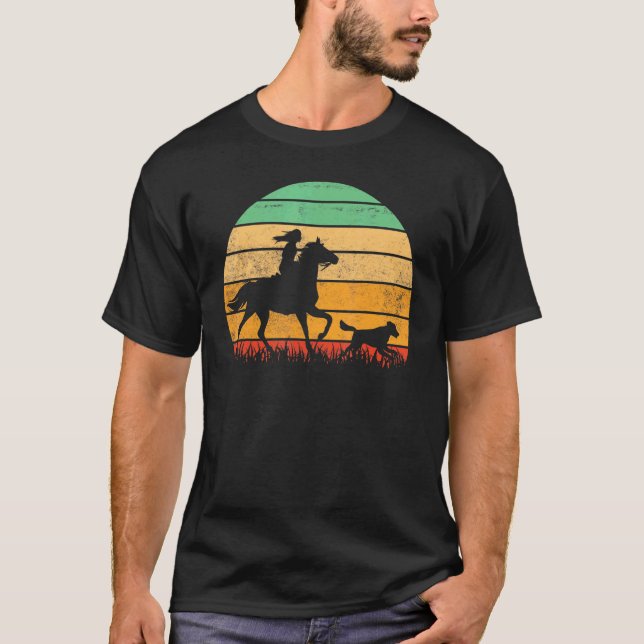 T-shirt Fille Rétro Avec Chiens Et ChevalChevauchée Équest (Devant)