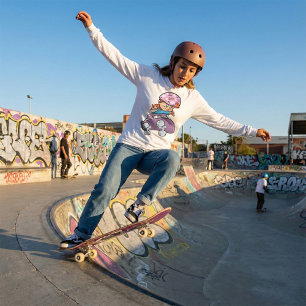 T-shirt Fille skateuse Casque rose Planche à roulettes