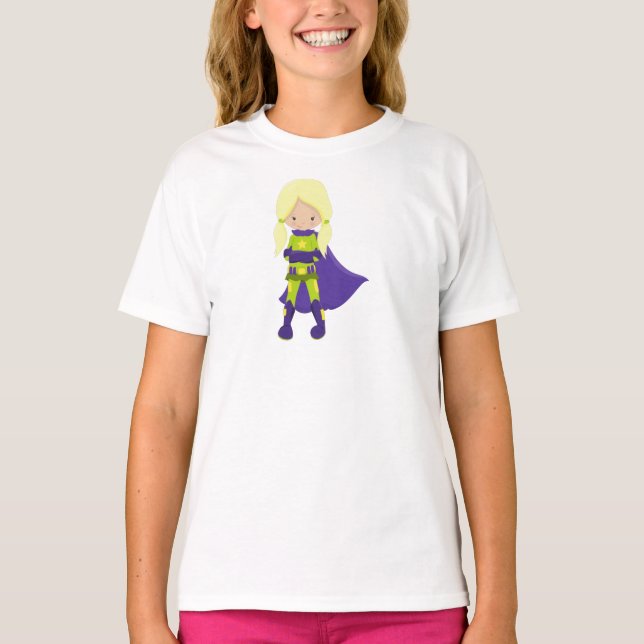 T-shirt Fille Superhero, Cheveux Blonde, Héros, Cape Viole (Devant)