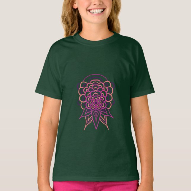 T-Shirt fille vert forêt à mandala floral rose |  (Devant)