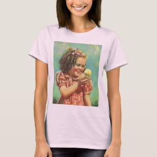 T-shirt Fille vintage avec poussin, enfant heureux sourian