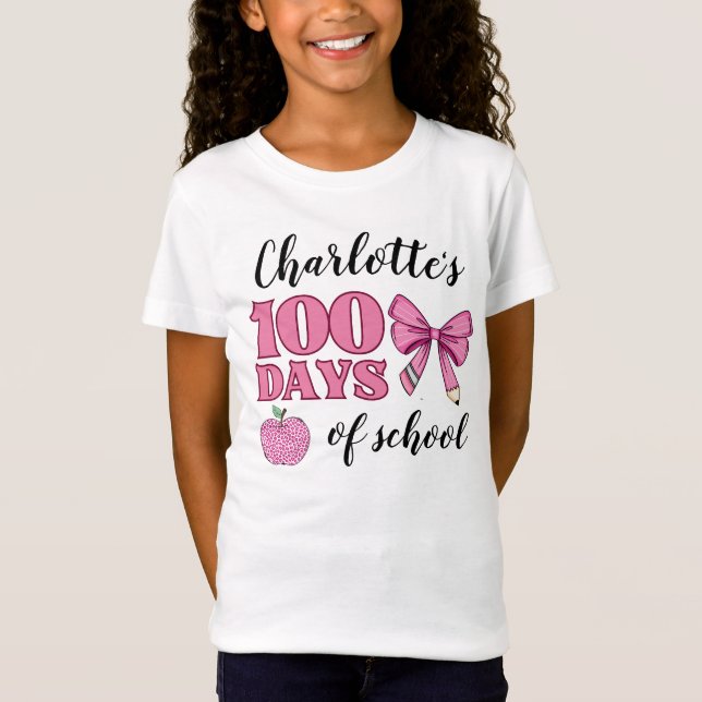 T-Shirt Filles 100 jours de l'école crayon rose Bow (Devant)