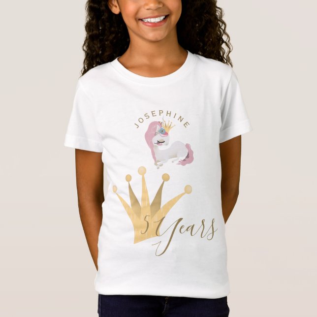 T-Shirt Filles anniversaire mignonne licorne avec couronne (Devant)