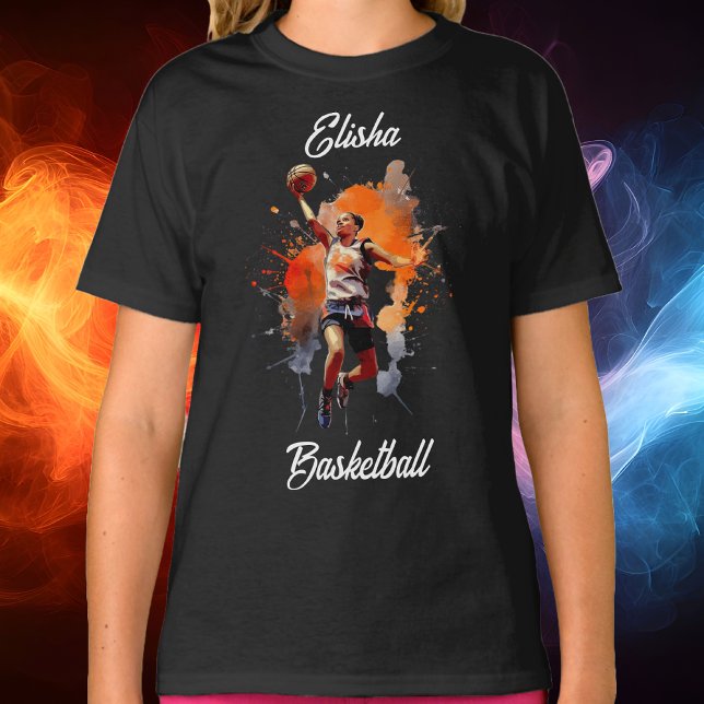 T-shirt Filles Basketball Aquarelle Personnalisée (Girls Basketball Watercolor Personalized T-Shirt)
