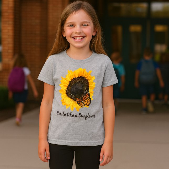 T-Shirt Filles Fleur Jaune Tournesol (Soft heather gray girls tee featuring a cheerful sunflower and butterfly design)