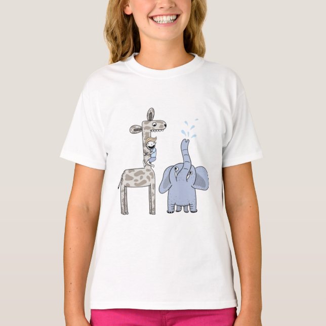 T-shirt Filles Girafe et Éléphant Mignonnes (Devant)