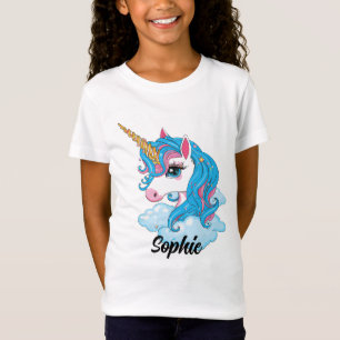 T-Shirt Filles mignonne Bleu Magique Unicorne & Nom T-Shir