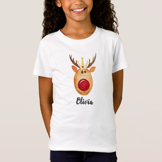 T-Shirt Fille's mignonne Noël Princesse Rudolph avec nom (Devant)