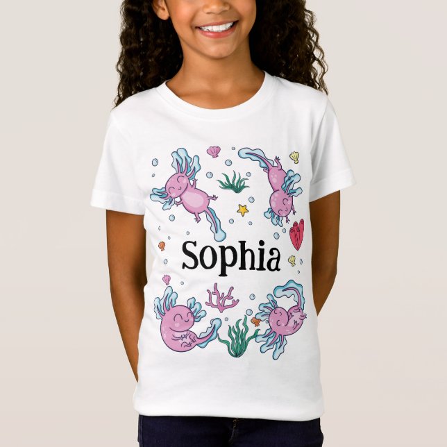 T-Shirt Filles mignonnes et moderne rose Axolotl et nom En (Devant)