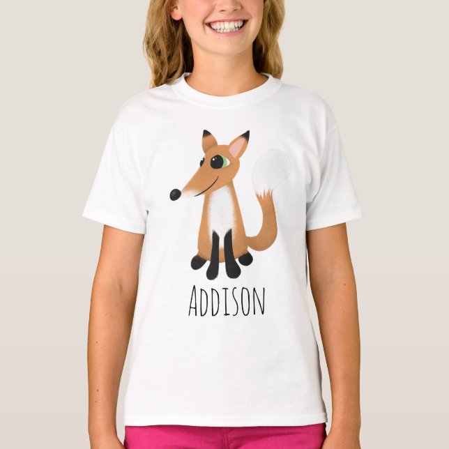 T-shirt Filles mignonnes Forêt de bois Fox et nom (Devant)