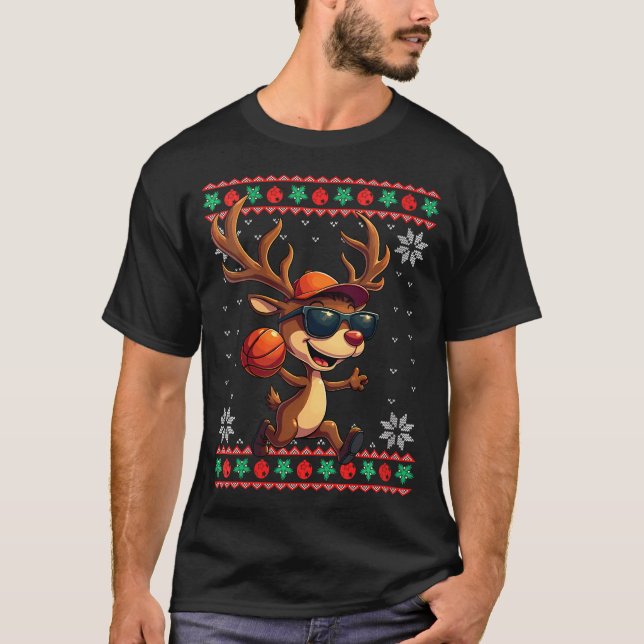 T-shirt Filles Reindeer Jouant Au Basket-Ball Noël laid (Devant)