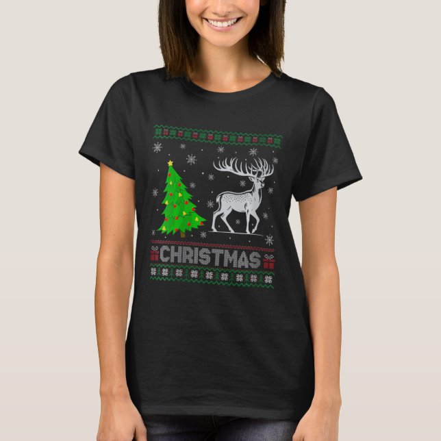 T-shirt Filles Reindeer Xmas Arbre Éclairage Noël laid (Devant)