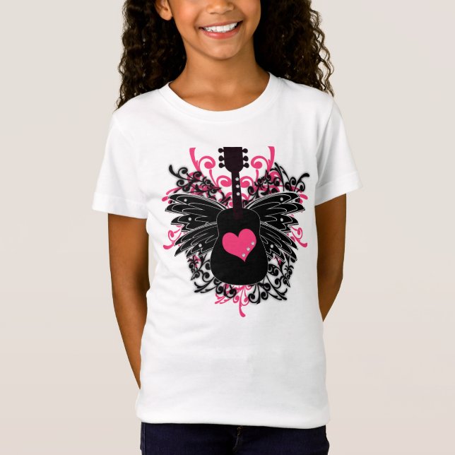 T-Shirt Filles roses et guitare noire avec des ailes (Devant)