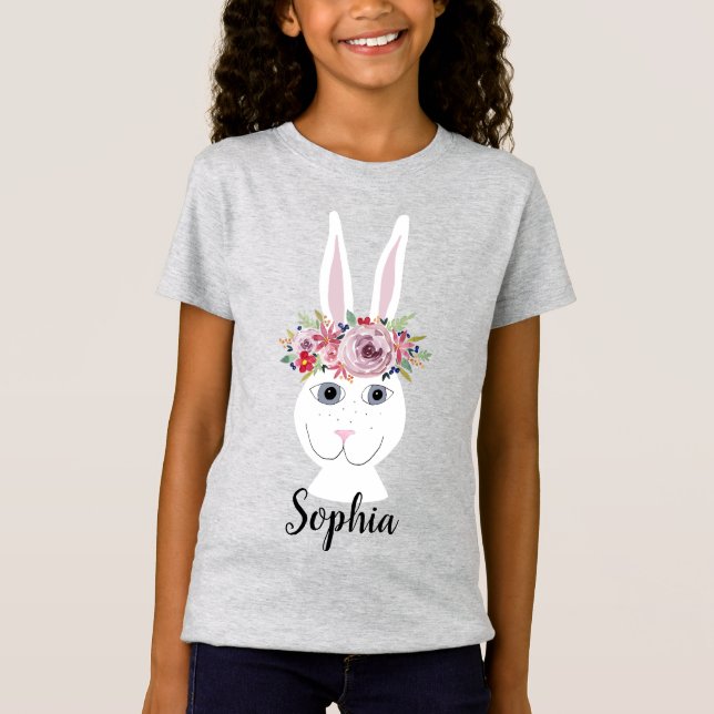 T-Shirt Filles Whimsical Floral PâquesLapin lapin et nom (Devant)