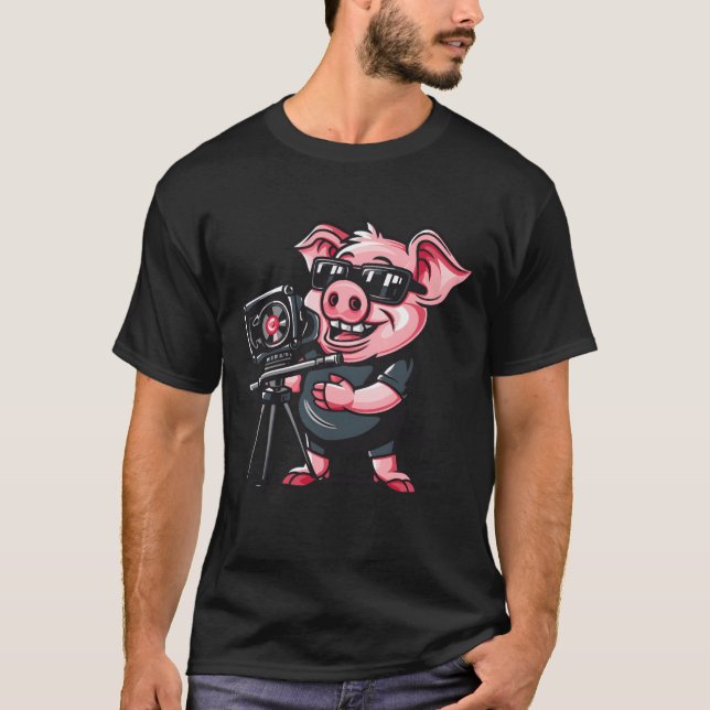 T-shirt Film Director Camera Man Pig funny (Devant)