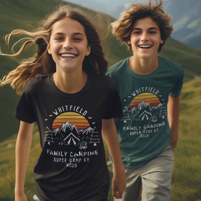 T-shirt Fils de camping jumelé sur mesure (Retro Family Camping Boys Green Custom T-shirt)