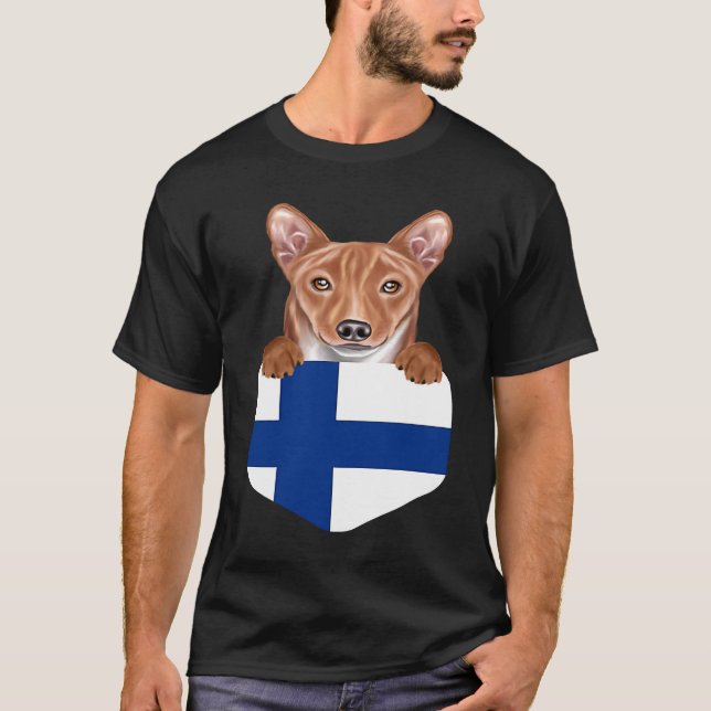 T-shirt Finland Flag Basenji Dog In Pocket (Devant)